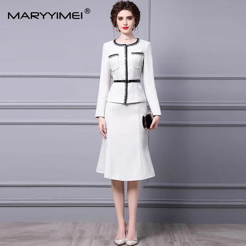 

MARYYIMEI Spring Summer Fashion Commuter Women Suit Long-Sleeve Pocket Coat+Slim-Fit Hip Wrap Solid Skirt 2-piece set With Belt