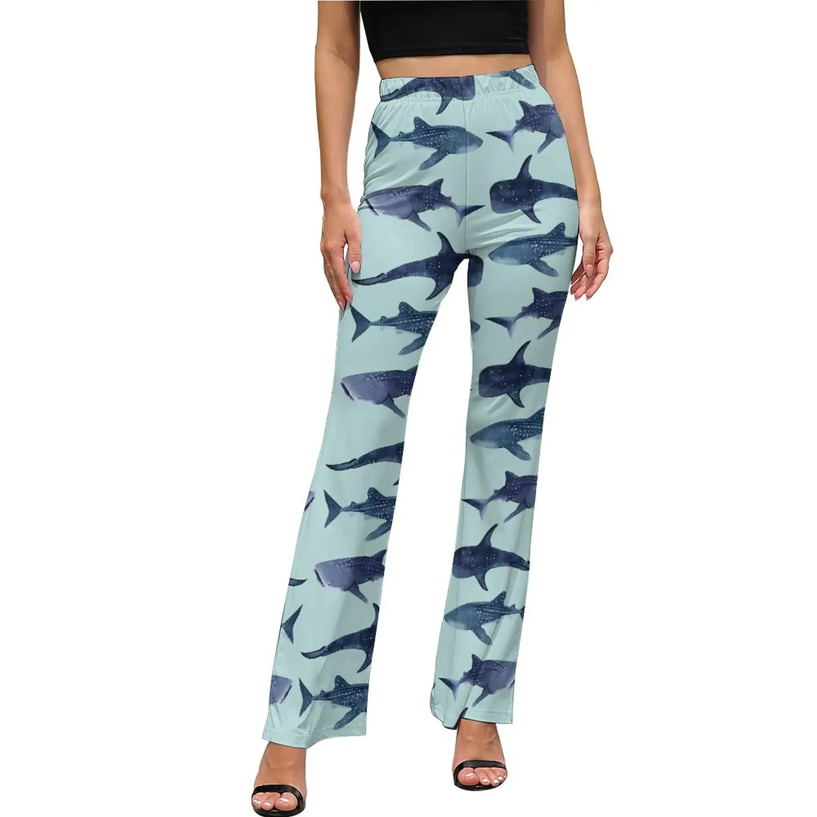 

Whale Sharks Casual Pants Female Light Blue Animal Slim Street Wear Flare Pants Daily Sexy Workout Custom Trousers