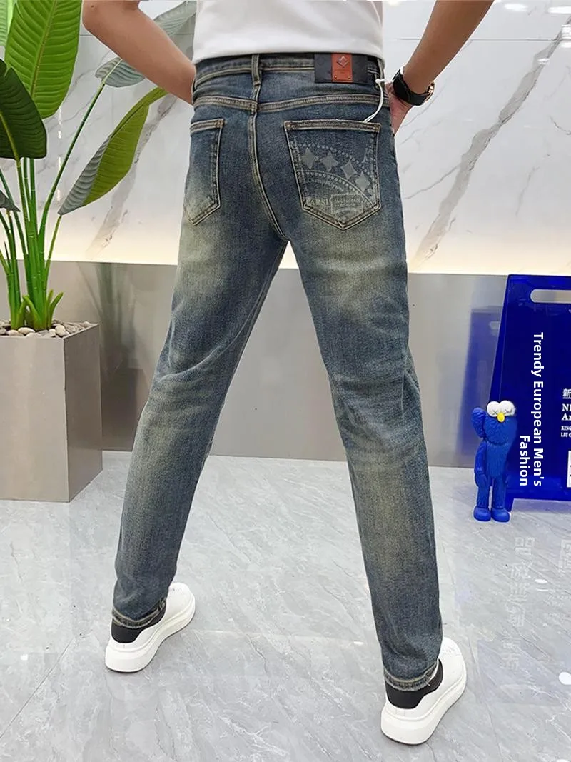 

Men's High-End Retro Waed Denim Jeans Casual Slim Fit Faionable Straight Leg Long Pants Autumn Season Breathable Youth Trend