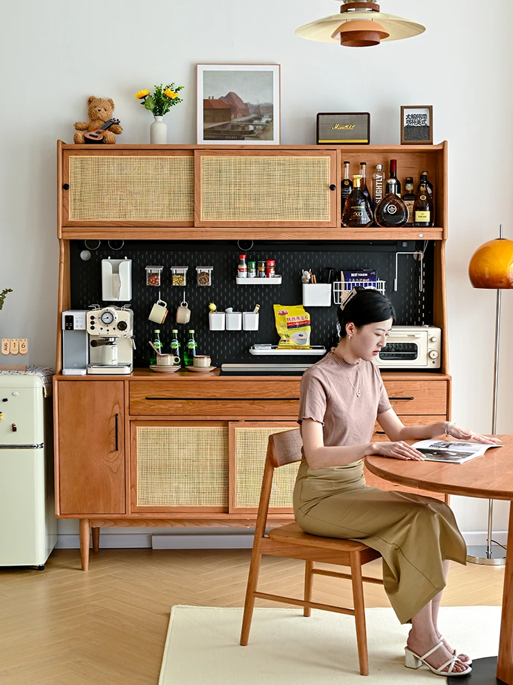 

Japanese-Style Rattan Sideboard Cabinet Solid Wood Integrated Wall High Cabinet Household Cherrywood Storage Locker