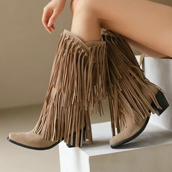 Faux Suede Nude Color Women Shoes Winter Western Cowboy Botas With Fringes Big Size 46 47 48 Knee-high Boho Chunky Heel Boots