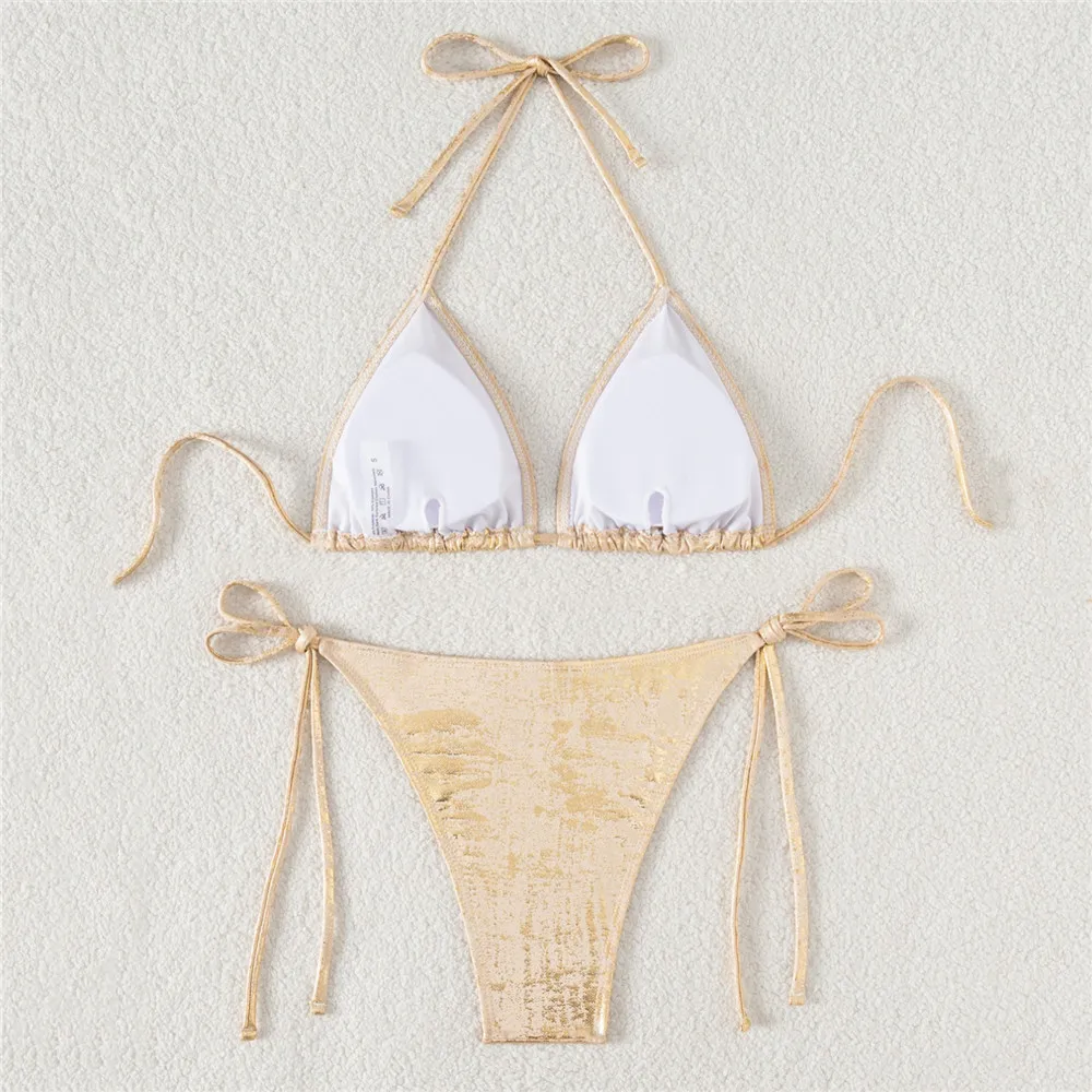 Green Shiny Swimwear Halter String Triangle Micro Bikini Thong Sexy Swimsuit Women 2025 Bathing Swimming Suit Mini Bikinis Sets