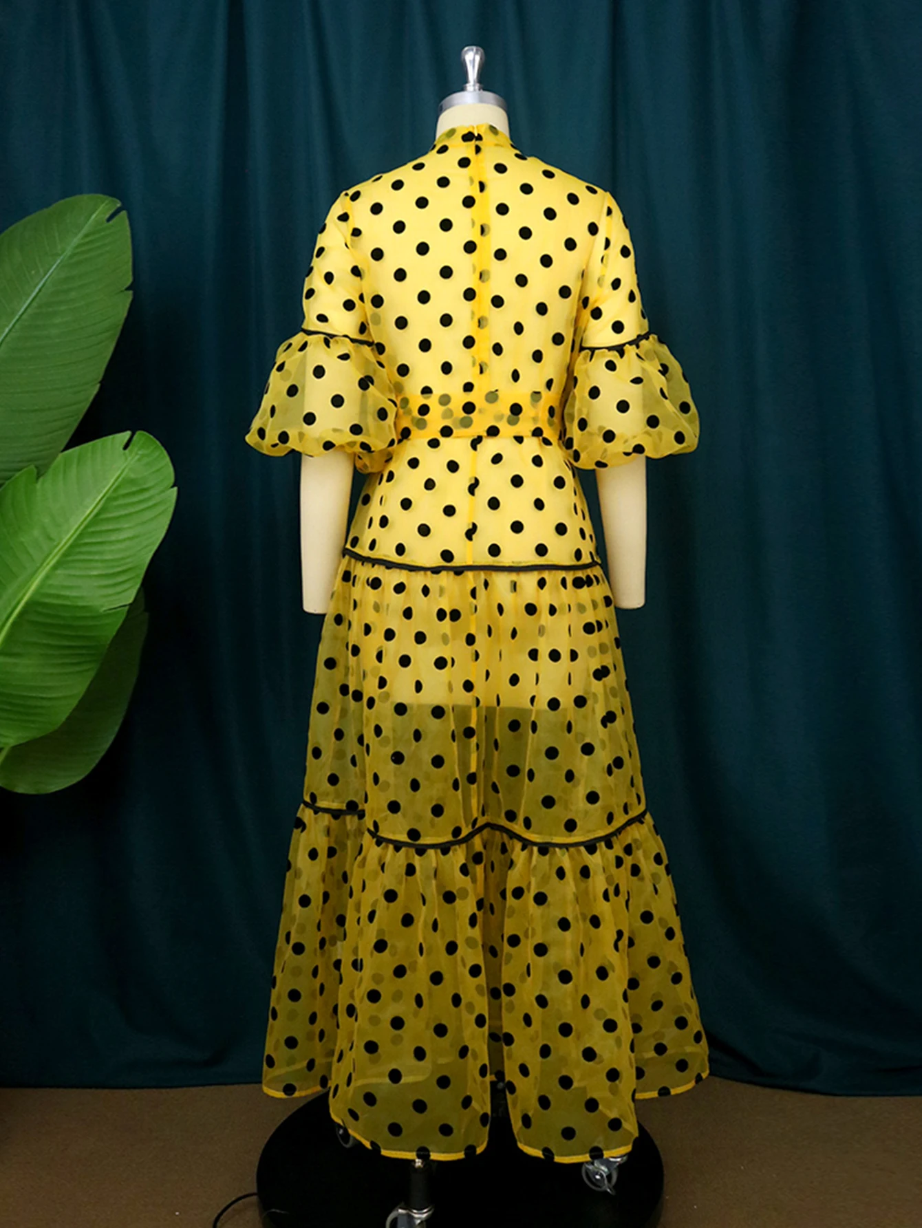 Elegant Women Long Tulle Polka Dot Loose Dress Bow Neck Puff Sleeve Yellow Swing Long Dresses Evening Party Celebrate Vestidos