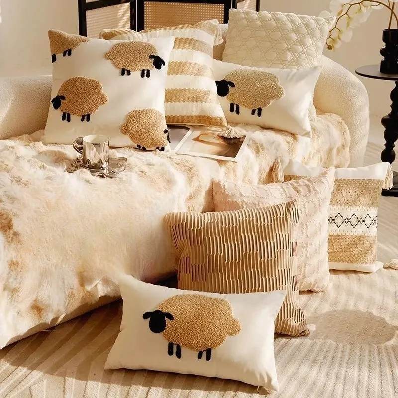 30x50/45x45CM Cute Sheep Throw Pillow Cover Simple Brown Cartoon Stamping Waist Cushion Cover Decor Home Decorative Pillowcase