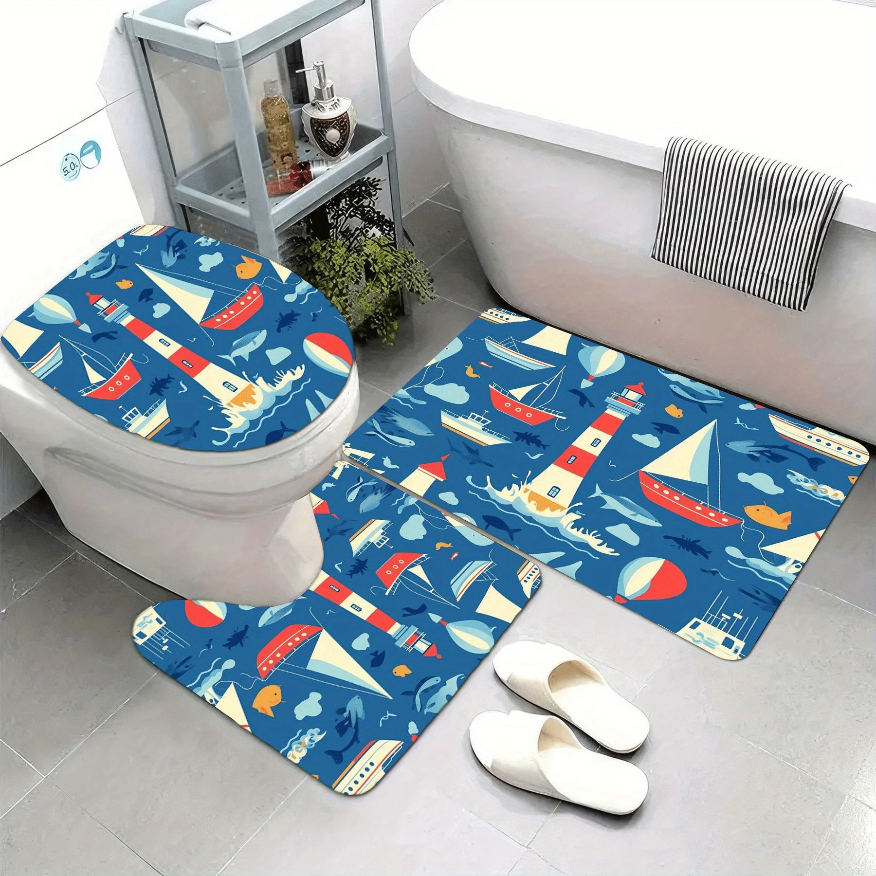 3pcs Nautical Bathroom Mat Set with Sailboat & Lighthouse Print - Soft Flannel, U-Shaped Toilet Lid Mat & Bath Towel Contour Mat