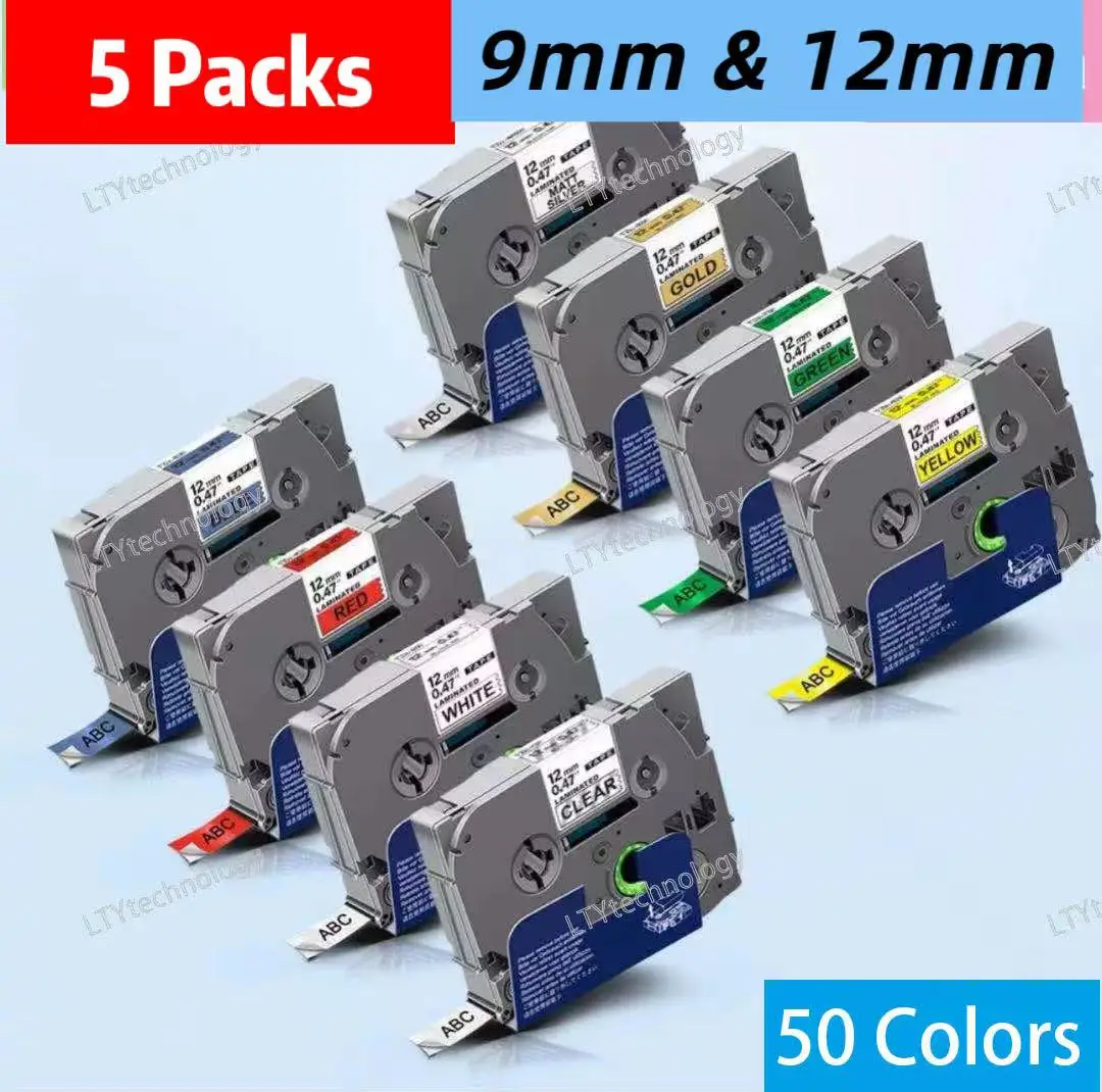 

5 packs Compatible for Brother Label Maker Laminated Tape 12mm 9mm for labeler Tze-231 TZe-221 TZe-631 TZe-621