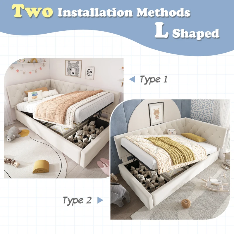 Lit de Jour Rembourré 102,87 x 43,18 x 17,78 cm en Velours Beige avec Coffre de Rangement Hydraulique et Sommier pour Chambre, Appartement, Salon, Style Moderne, Sans Matelas, Compatible 90 x 200 cm