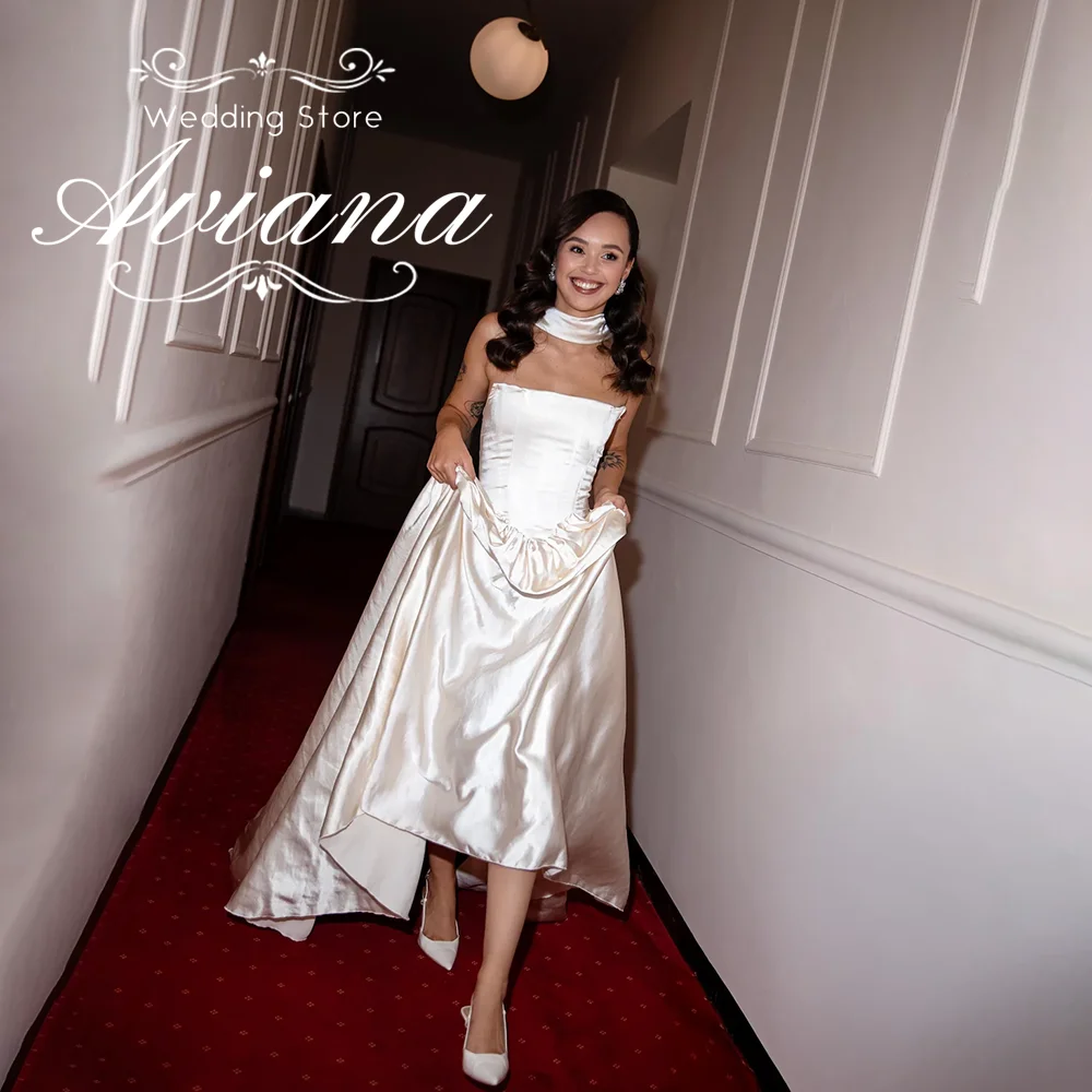 

Aviana Customized A-Line Satin Simple Wedding Dresses Strapless Sleeveless Backless Floor Length Lace Up Train Bridal Gowns 2026