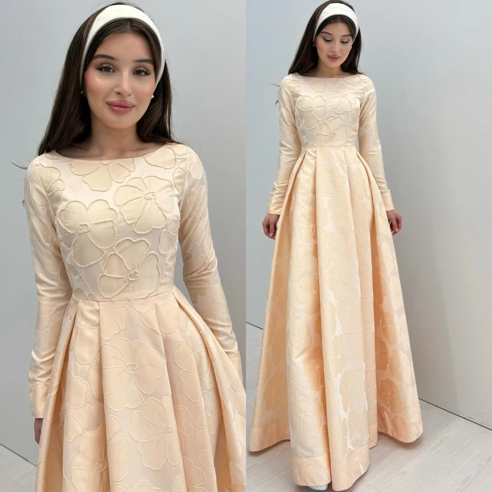

Customized Formal Satin O-Neck Evening Dress Delicate Long Sleeves Prom Dresses Formal Sweep Train Special Occasion Gowns