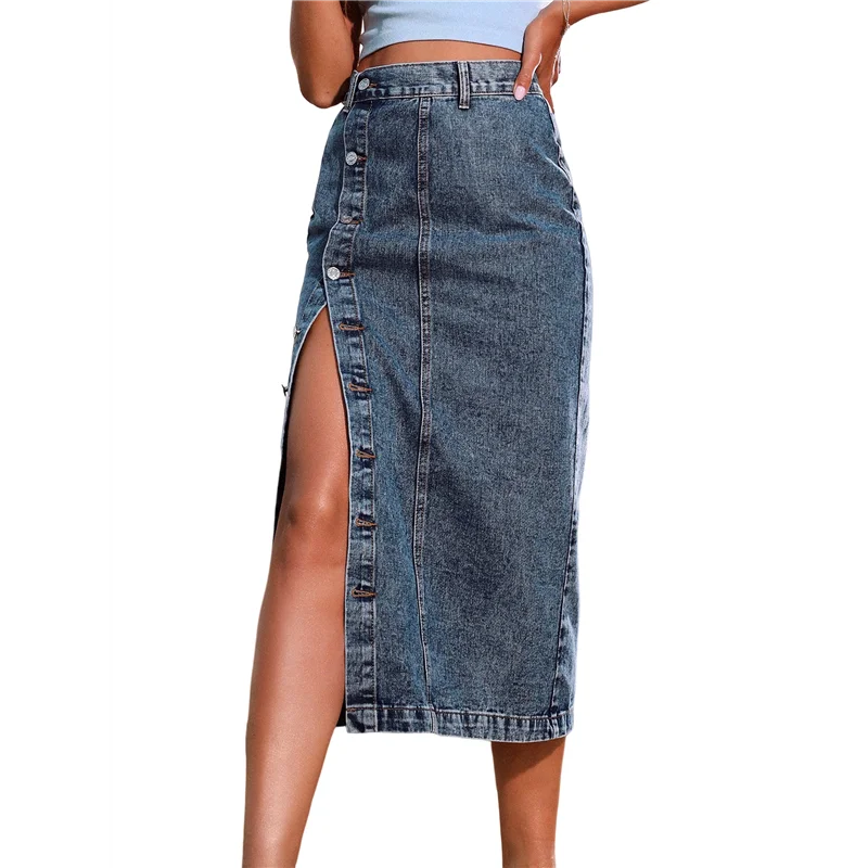 ABP-Falda vaquera midi de mezclilla con abertura informal para mujer, cintura alta elástica, deshilachada, con botones