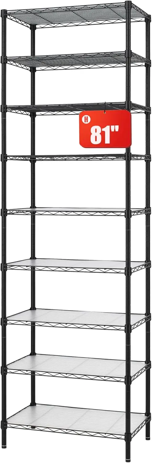 

9-Tier Adjustable Wire Shelving Unit, 81' High Metal Storage Rack with 9 Shelves, Black, PE Mat, NSF Certified