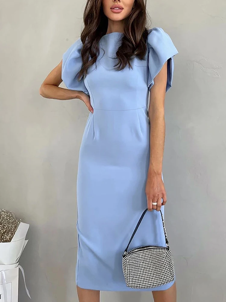 Elegant Bodycon Midi Dresses For Women Summer Casual Ruffle Sleeve Slit Office Dress Fashion Chic Blue New In Dresses 2023