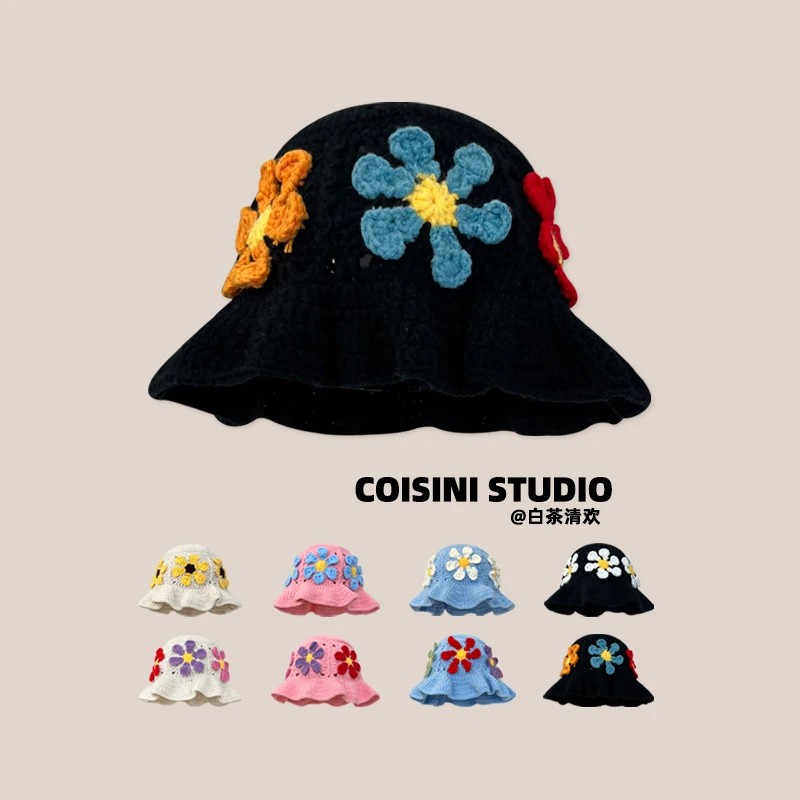 Korean Niche Colorful Flowers Hollow Knitted Caps for Women Show Face Small Spring and Autumn Travel Photo Versatile Bucket Hat