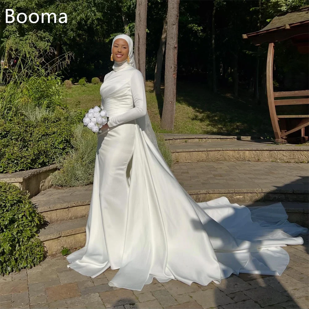 

Booma Mermaid O-Neck Elegant Pleat Wedding Dresses Simple Long Sleeve Satin Brides Gown Custom Made 2025