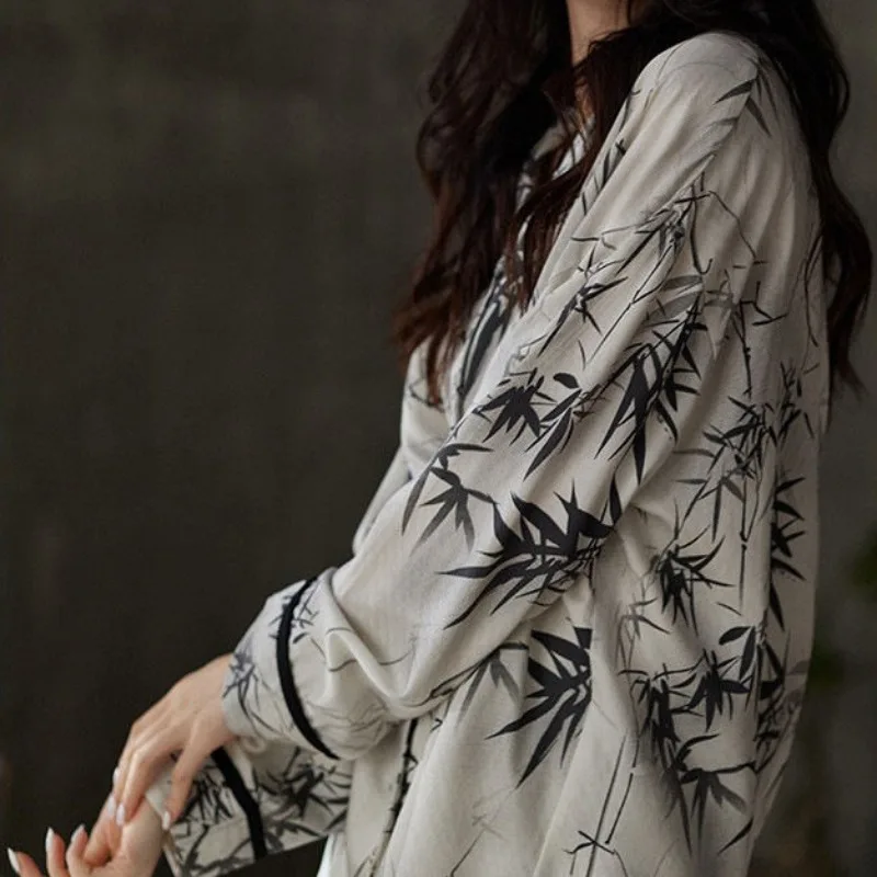 Pajamas Women's Chinese Style Minimalist Loungewear 2024 New Long Sleeved Sleepwear Set Spring Autumn V-neck Loose Homewear