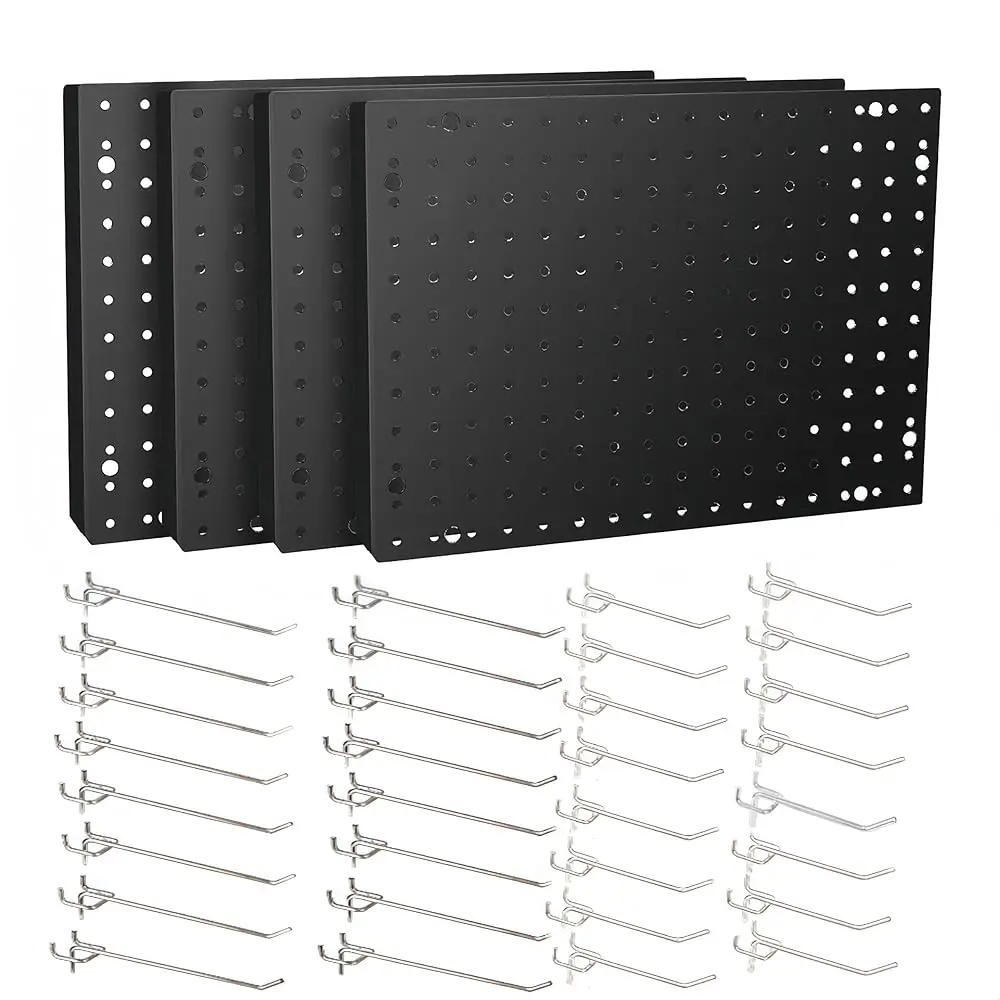 

Прочная металлическая перфорированная доска с 4 панелями и 32 прочными крючками, настенные крепления для организации гаража, садовых инструментов, органайзер для инструментов
