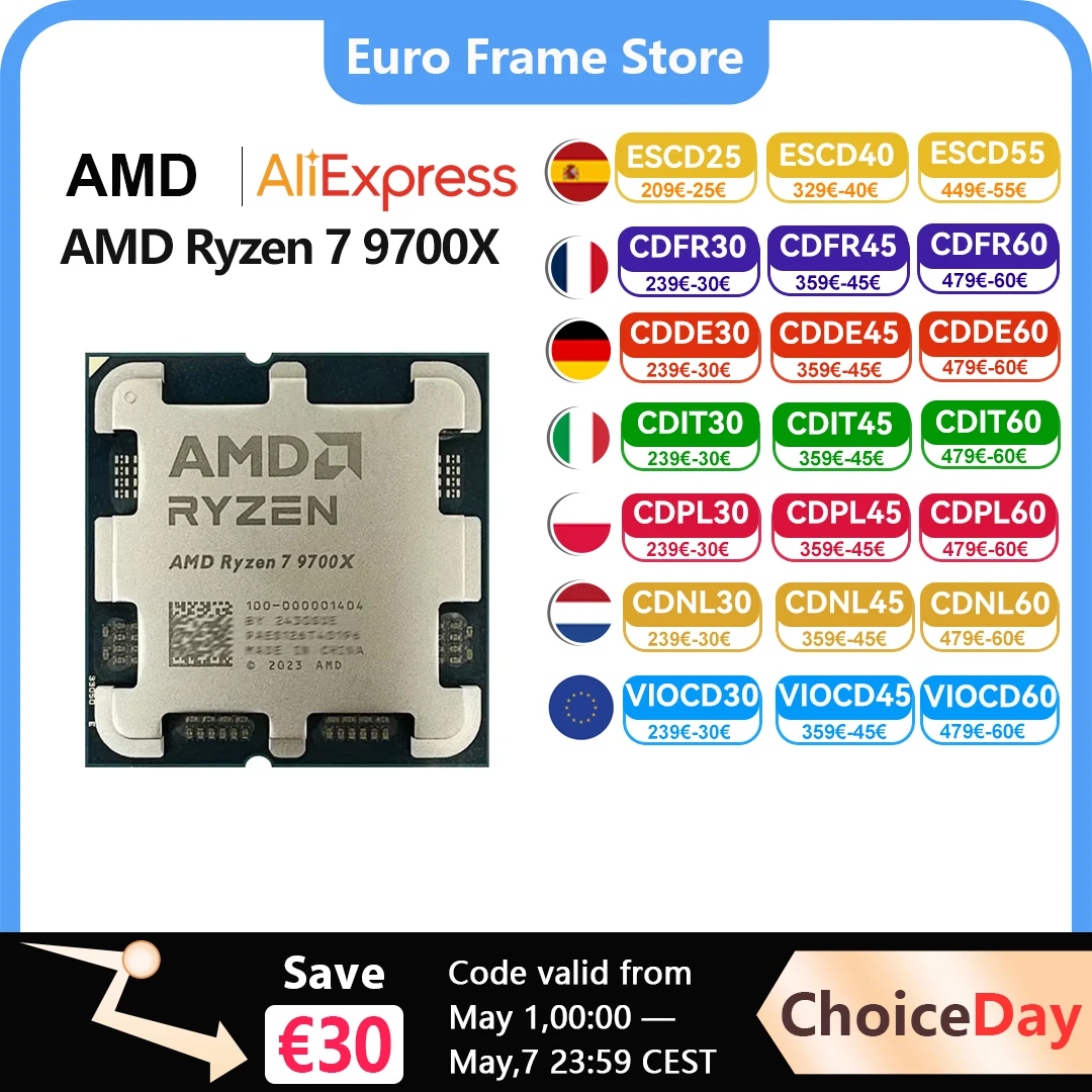 Processeur AMD Ryzen 7 9700X 5,5 GHz 8 cœurs 16 threads 40 Mo de cache de jeu 4 nm TDP 65 W Socket AM5 CPU de jeu Zen 5 9700X