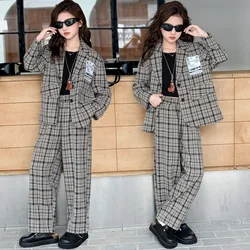 Girls Plaid Blazer Suits Clothing Sets Spring Autumn Kids Jackets+Pants Fashion Loose Formal Teenager Wedding Outfits 4-14 Year