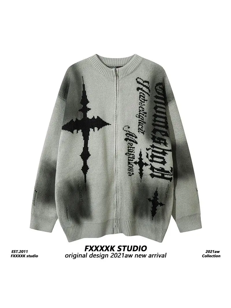 

FXK Original American Retro Zipper Knitted Open Cardigan Loose Couple Long Sve round Ne Youthful Sle Autumn Top