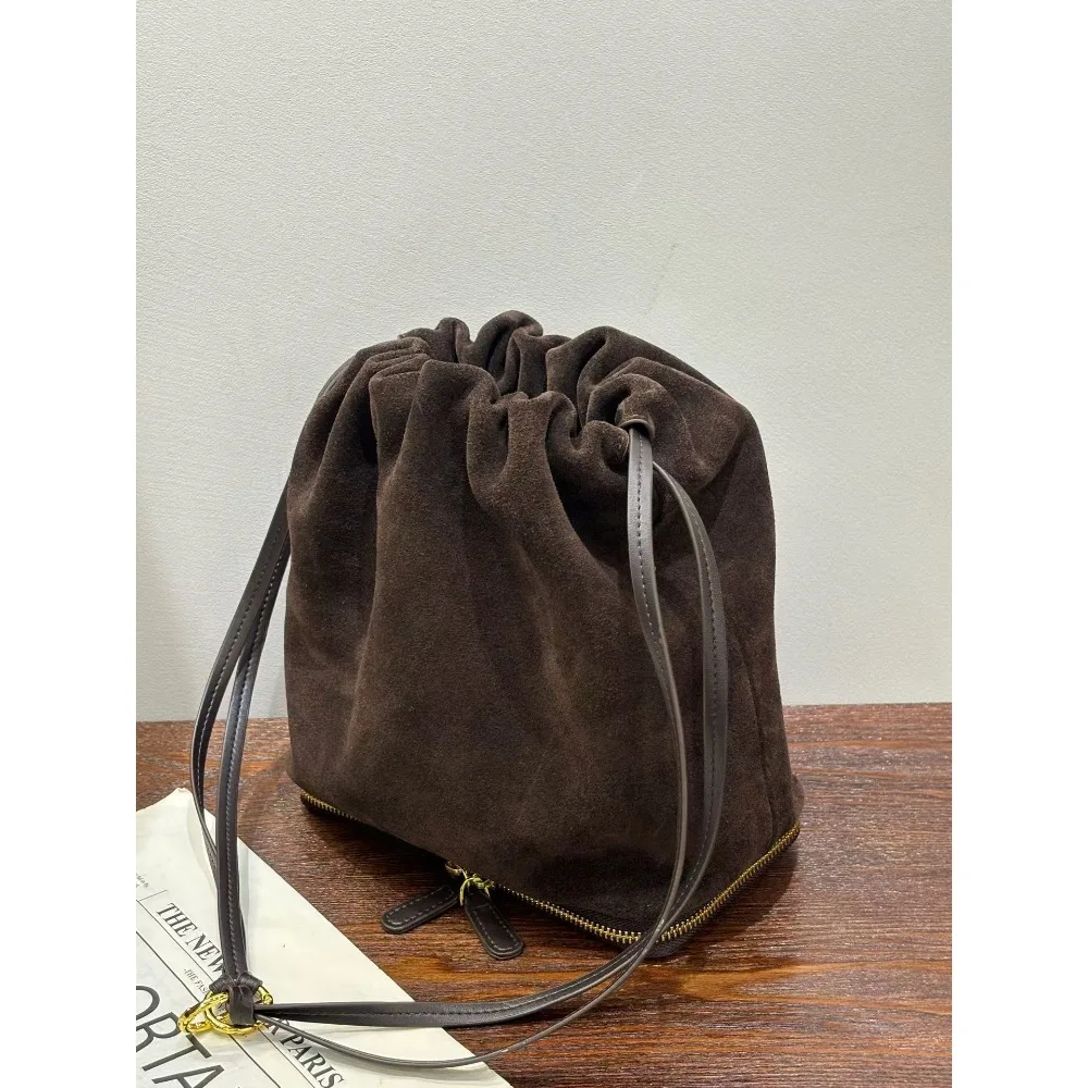 Frosted Cowhide Drawstring Lucky Texture Unique Fashion Simple Casual Daily New Niche Retro Leather Shoulder Women's Bag Cloud