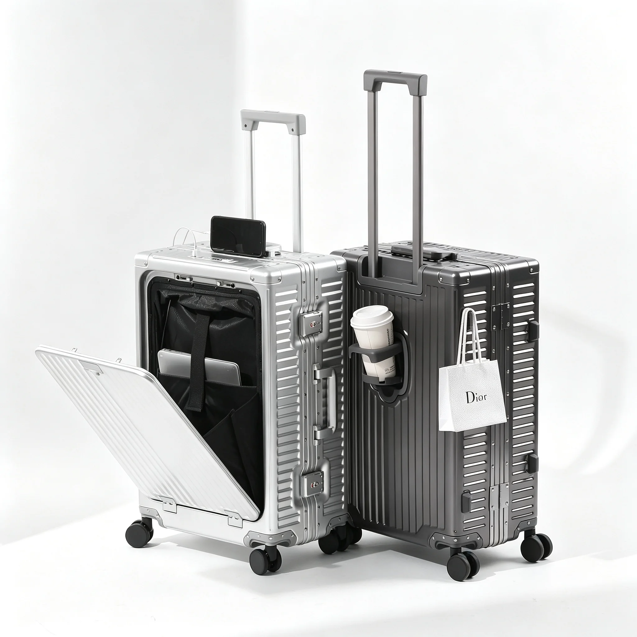 Bunnyfly New Fashion INS Hot All Aluminum Alloy Carry on Luggage Hard Shell Travel Suitcases with Charge Ports 20" Cabin Luggage