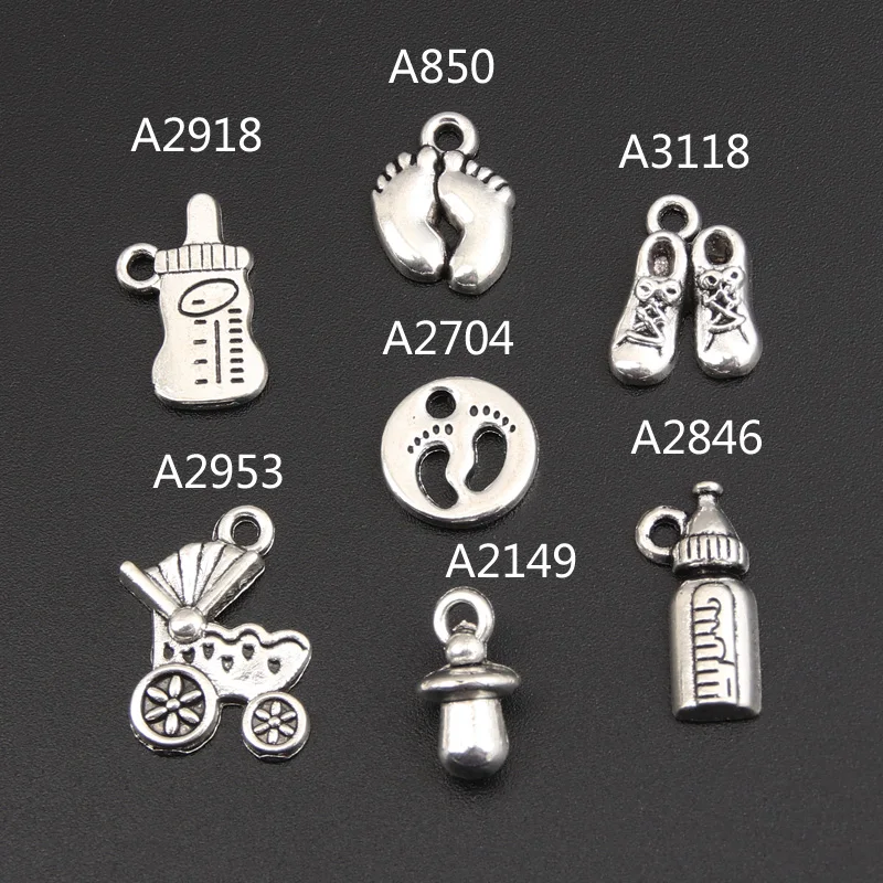 14pcs Mix Silver Color Baby Cup Milk Bottle Charms Footprint Baby Cart Pendant Finding DIY Handmade Jewelry Accessorie M176