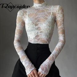 Rapcopter y2k White Lace Crop Top Turtleneck Full Sleeev See Through T Shirt Women Vintage Fairycore French Tee Smock Tops Chic