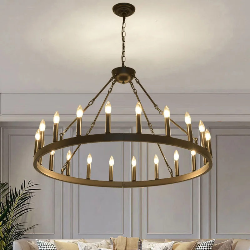 Modern American Dinning Livining Room Lobby Retro Iron Hanging Pendant Lamp Led Droplight Round Restaurant Candle Chandelier