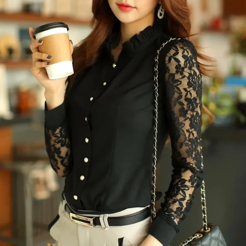 

Women's Solid Color Ruffled Neck Lace Hollow Out Patchwork Pullover Black Button T-shirt Spring Autumn Clothing Fashionable Tops