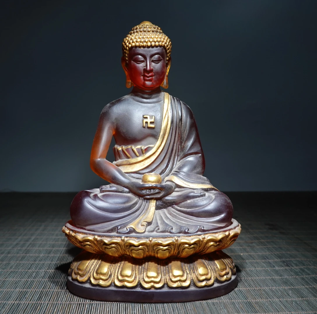 Ancient China Colored Glaze Liuli Crystal Tathagata Buddha Statue Feng Shui Home Decor Prayer Supplies Pray Kai Guang Ornaments