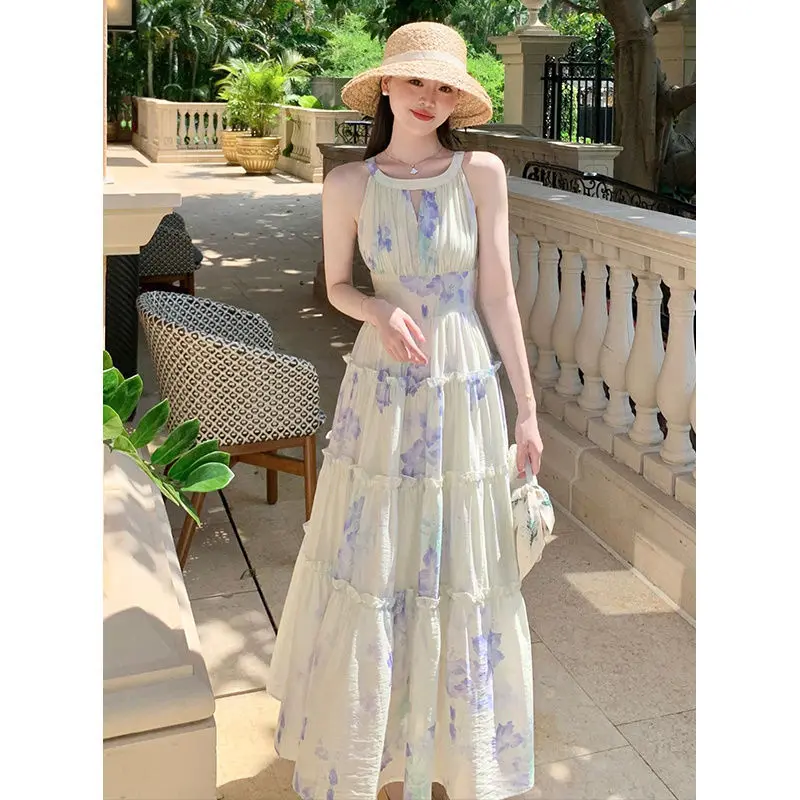 프랑스 스타일 여성 드레스 우아한 꽃 인쇄 홀터넥 오프 어깨 민소매 긴 드레스 부드러운 Vestidos Femme