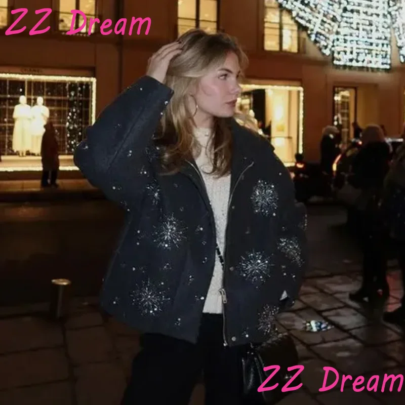 Embroidery Beading Loose Zipper Coat For Women Lapel Collar Bat Sleeve Solid Wool Blend Jacket 025 Autumn Casual Lady Outerwear