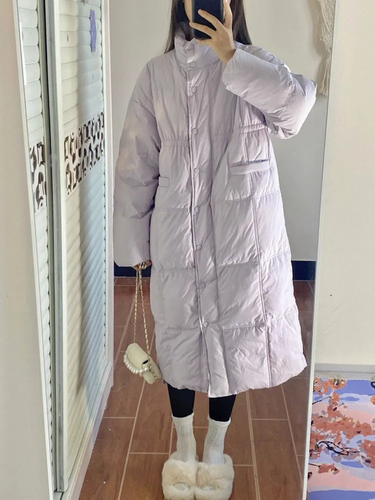

Новое зимнее белое длинное пуховое пальто выше колена для женщин, свободного кроя, в корейском стиле, с воротником-стойкой, модное, на молнии, с завышенной талией