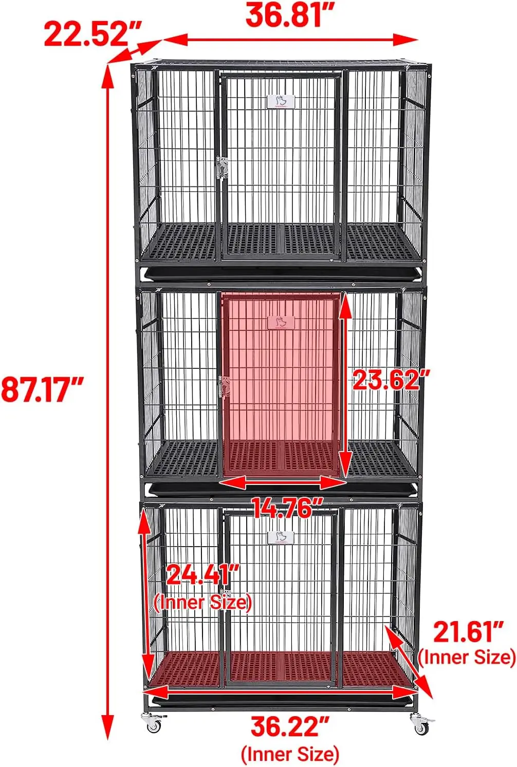 3 Pack Three Levels 36 Inch Dog Crate Escape Proof Dog Cage Kennel Indoor with Top Access and Lockable Wheels Removable Tray