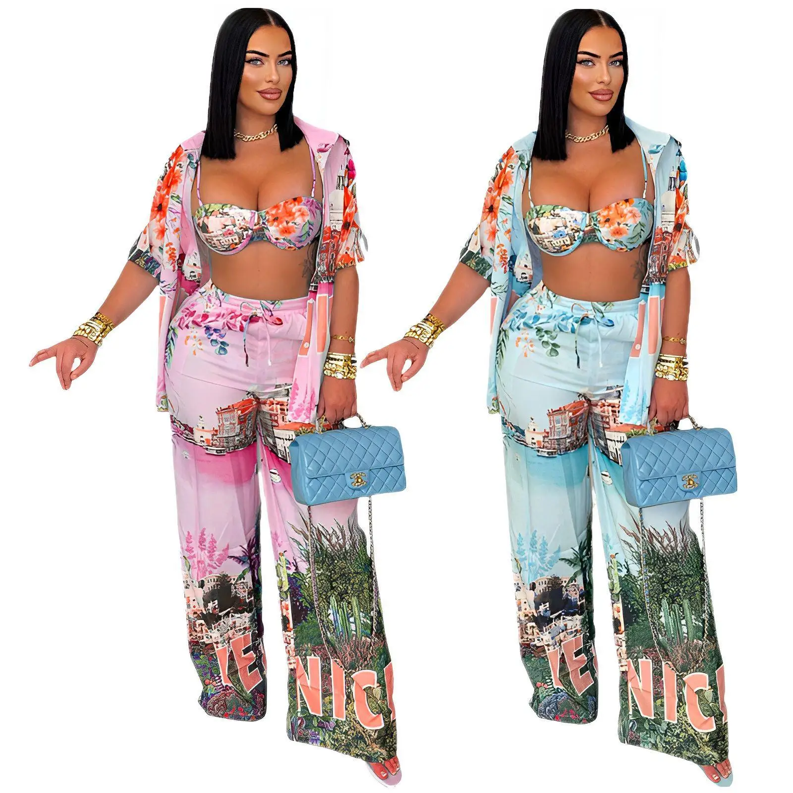 Conjunto de calças irt com estampa floral feminina verão quatro peças calças compridas country sle adulto faion conjunto