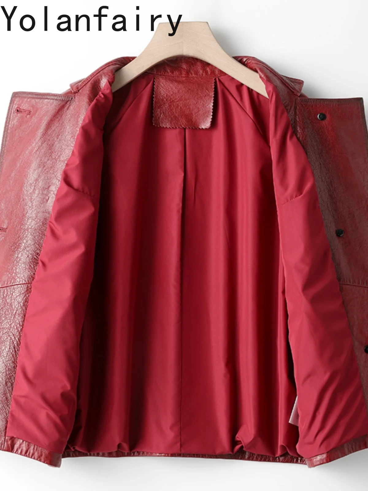 YOLANFAIRY chaqueta de piel de oveja auténtica para mujer 2025, capa roja Vintage, abrigo de cuero auténtico, chaquetas cortas de cuero a la moda para mujer