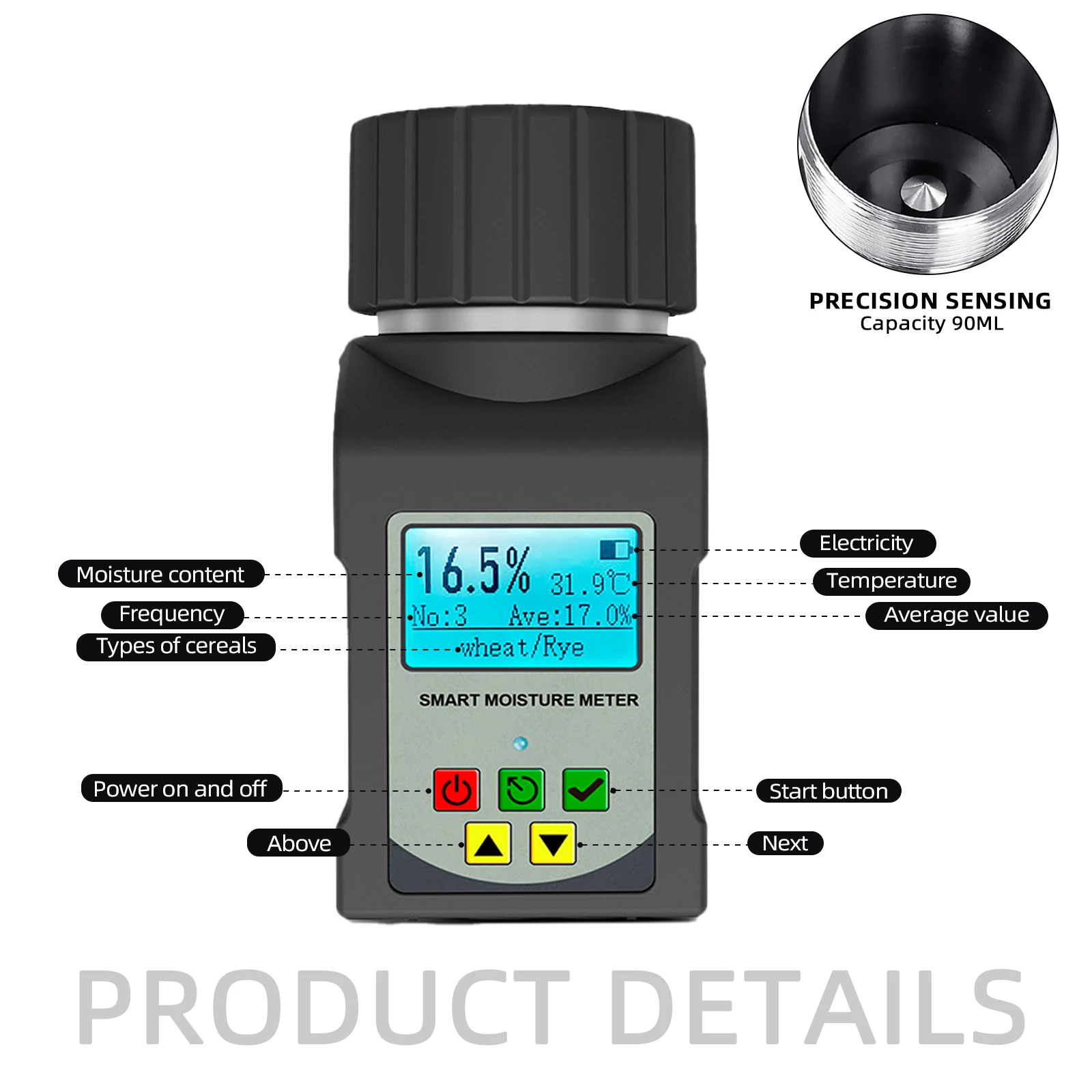 Medidor portátil de umidade de grãos, mini copo para café, cacau, arroz, trigo, 25 tipos de testador de umidade de grãos com 250 armazenamento de dados