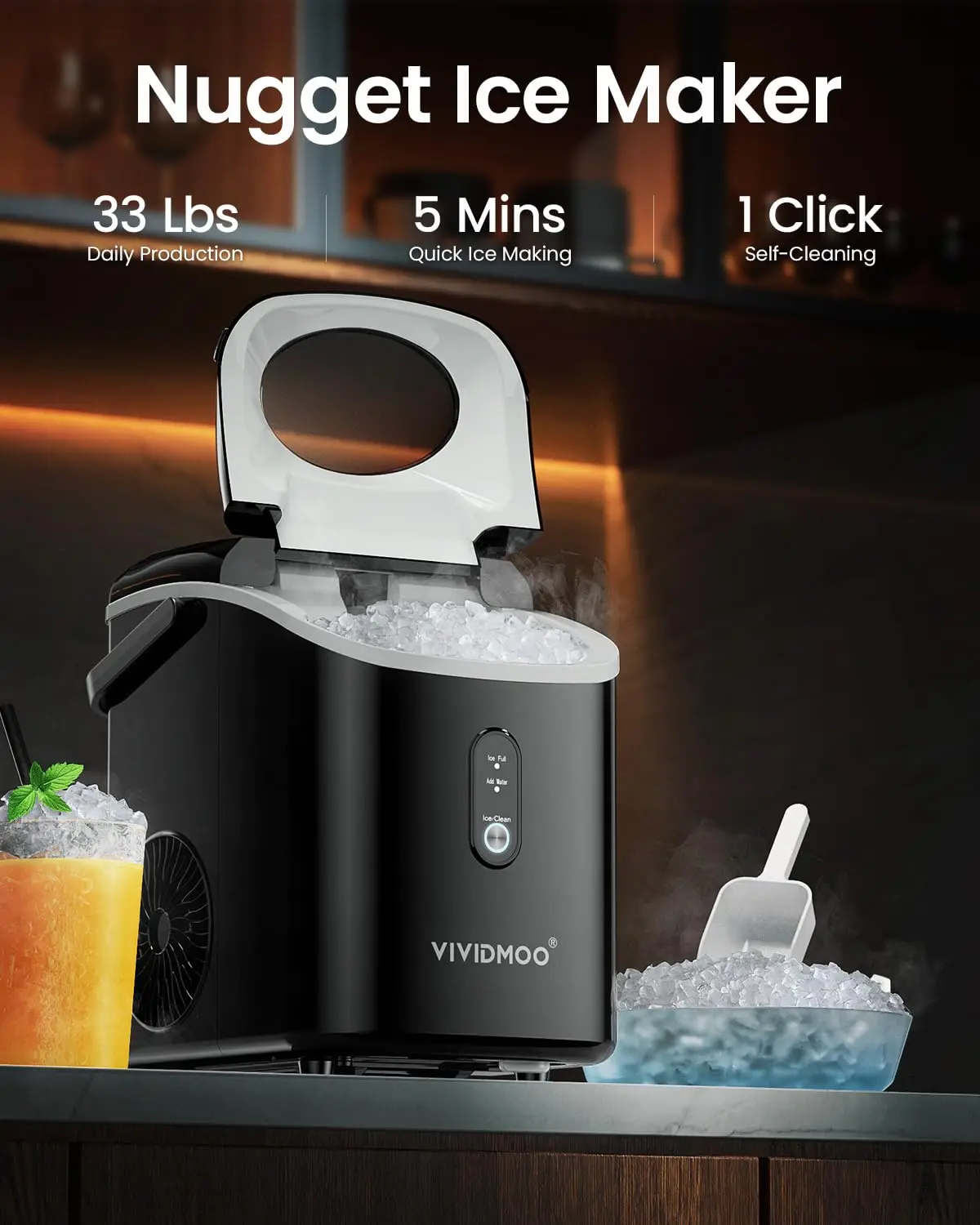 Nugget Ice Maker Countertop,  Portable Sonic Pebble Ice Maker with Self-Cleaning, Fast Ice in 6 Mins, Compact Crushed