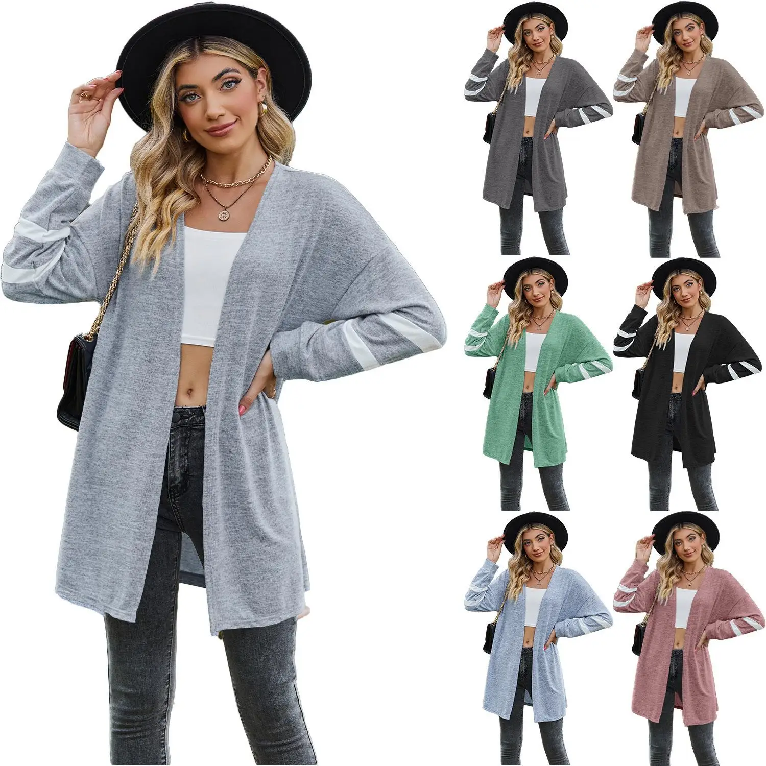 Women's Long Patchwork Knitted T-irt Sved Sweatirt Polyester Fiber Casual Sle Open Cardigan Single Piece Autumn 2023