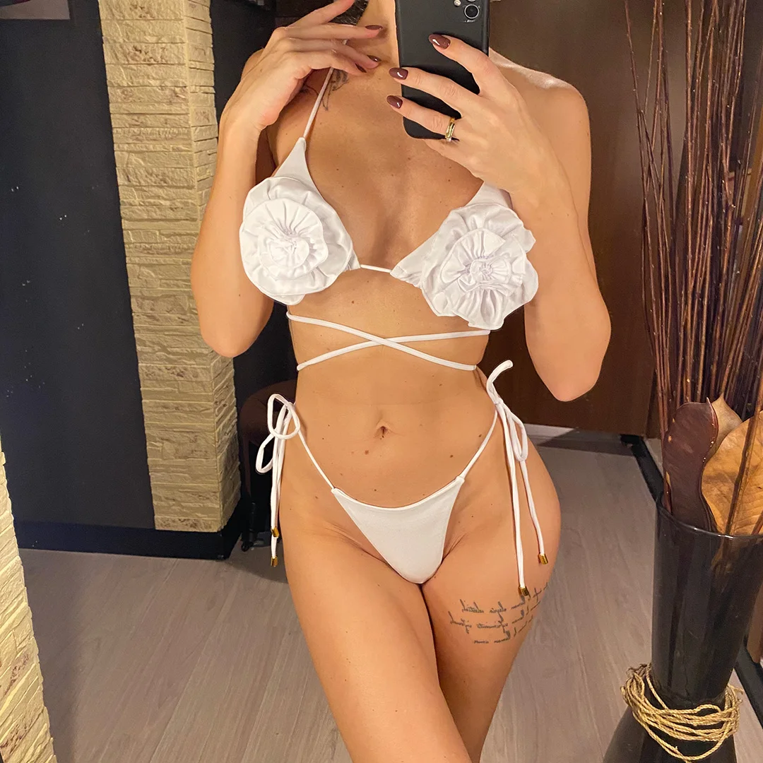 Halter 3D-Blumen Mini Micro Thong Bikini Damen Bademode Zweiteiliger Bikini Badeanzug Badebekleidung V4937 – Detail 7