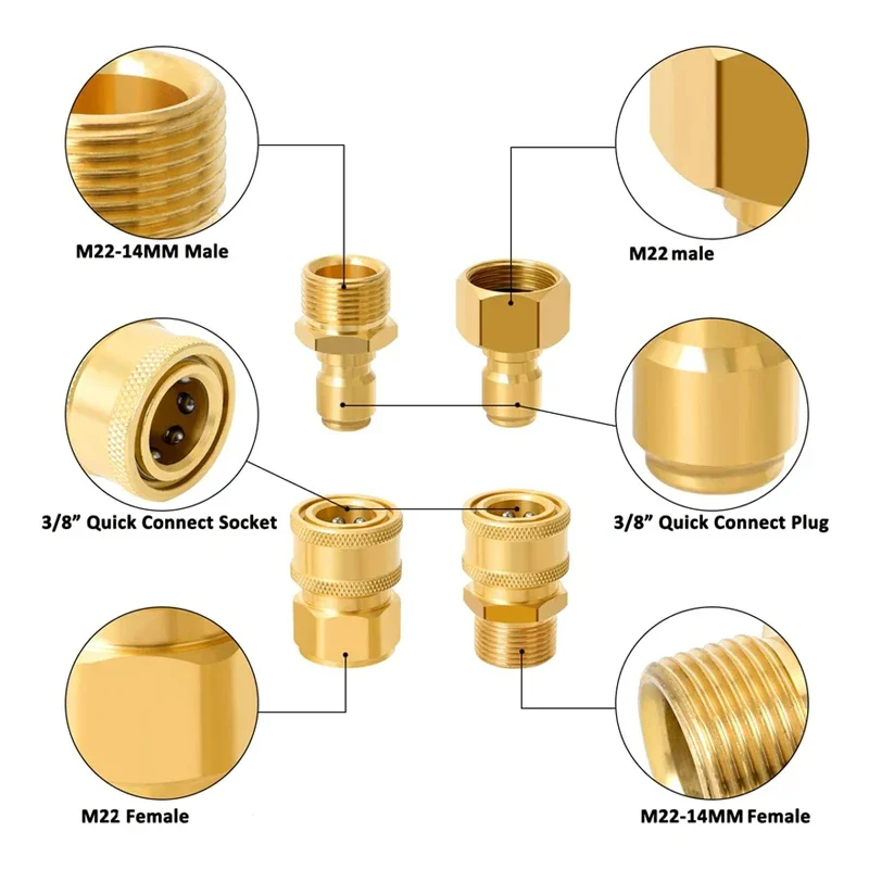 Hochdruckreiniger Schnellkupplungs-Set M22 14mm auf 3/8 Zoll Schlauchanschluss, Messing 5000PSI Adapter-Set für Hochdruckreiniger-Pistole und -Pumpe – Detail 1