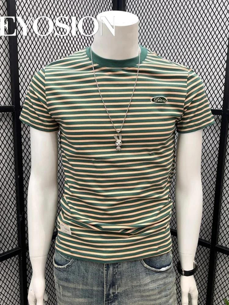 

2025 Men's Short Sleeved Embroidered Green Black Striped Round Neck High Quality Cotton Summer Half Sleeve Body Shirt