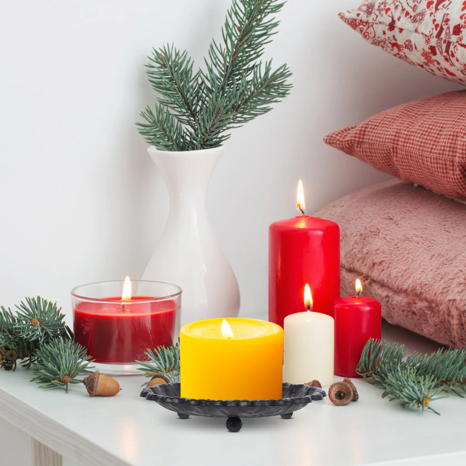 

Iron Round Plate Metal Saucer Scented Pillar Cone Holder Tray Decorative Home Table Centerpiece Living Room