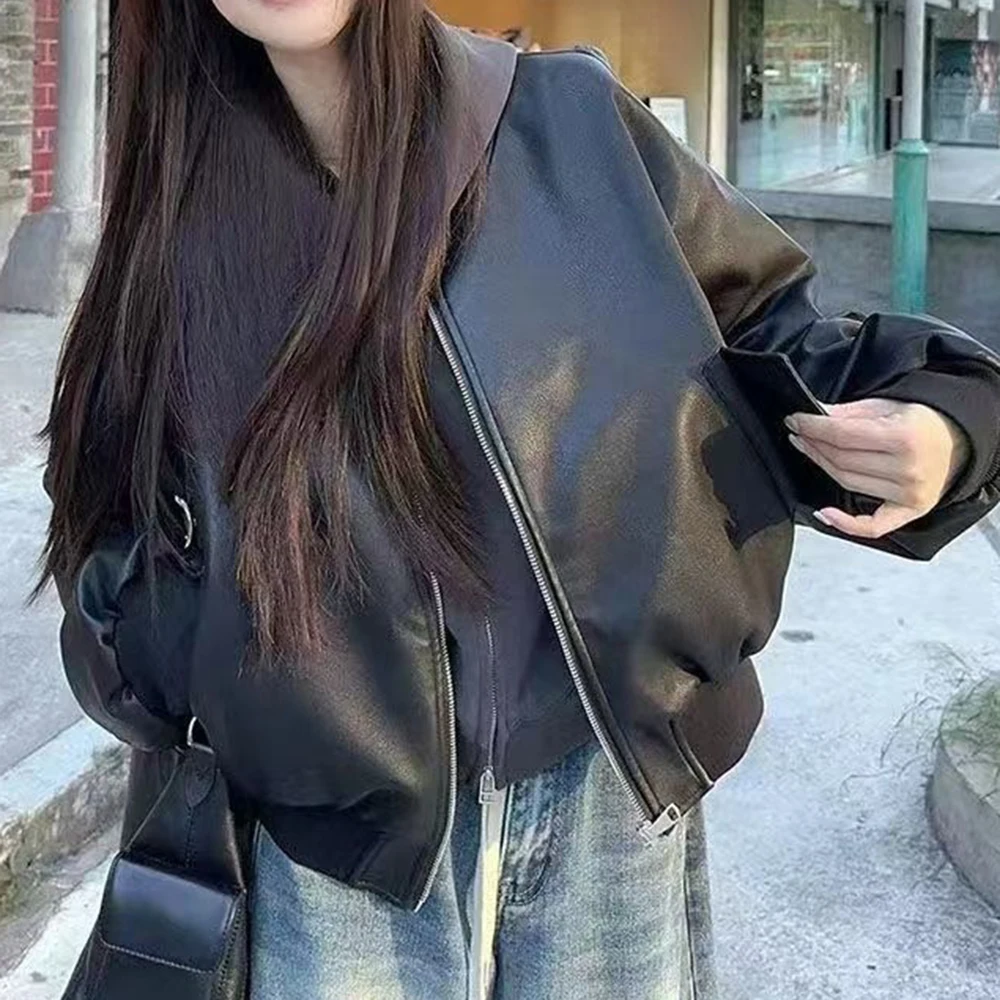 Preto curto jaqueta de beisebol jaqueta de couro feminino 2025 primavera novo couro do plutônio estilo legal retro solto locomotiva roupas