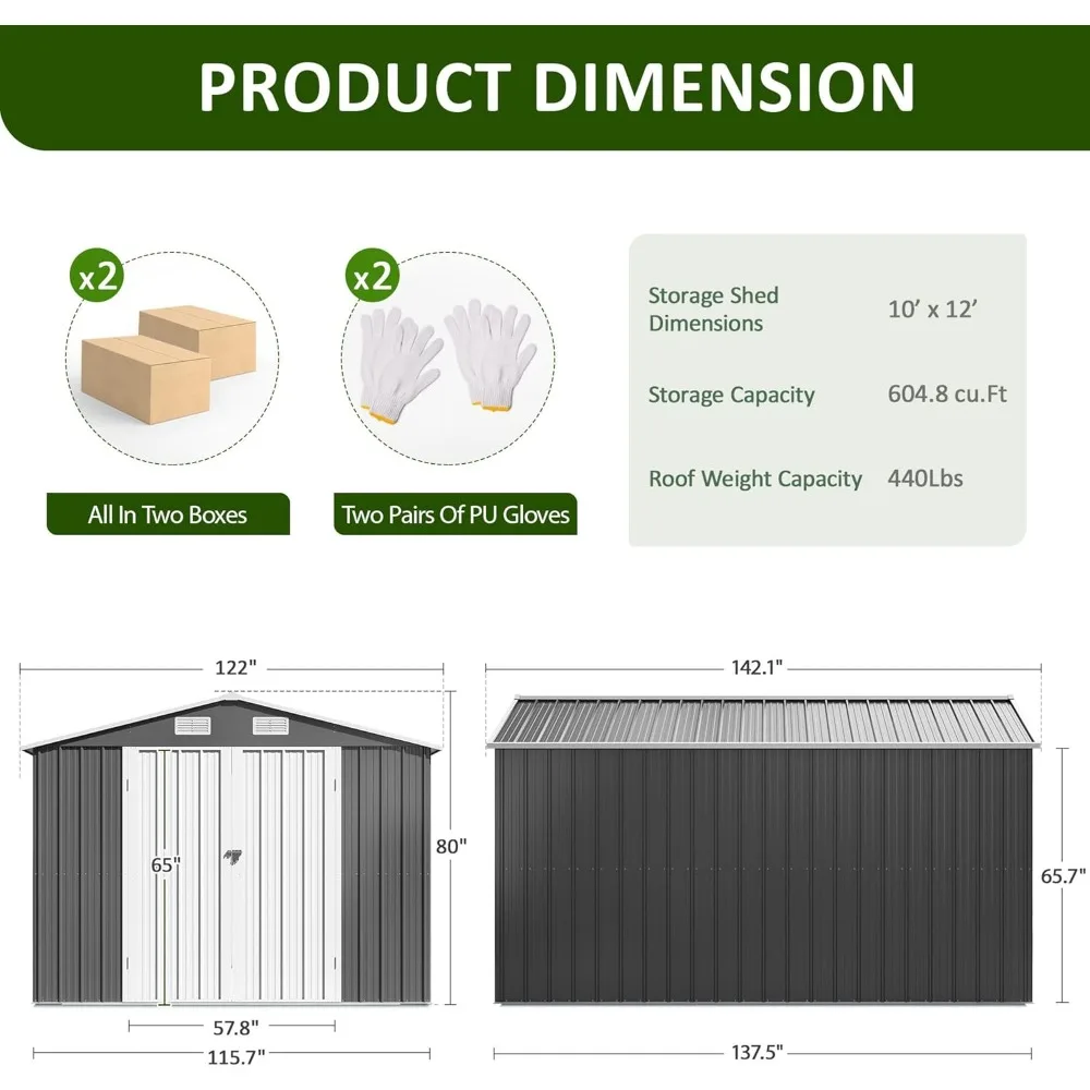 سقيفة تخزين خارجية معدنية متينة - 10 × 12 قدم، مع إطار معزز وأبواب قفل آمنة، مثالية لأدوات الحدائق وما إلى ذلك #6