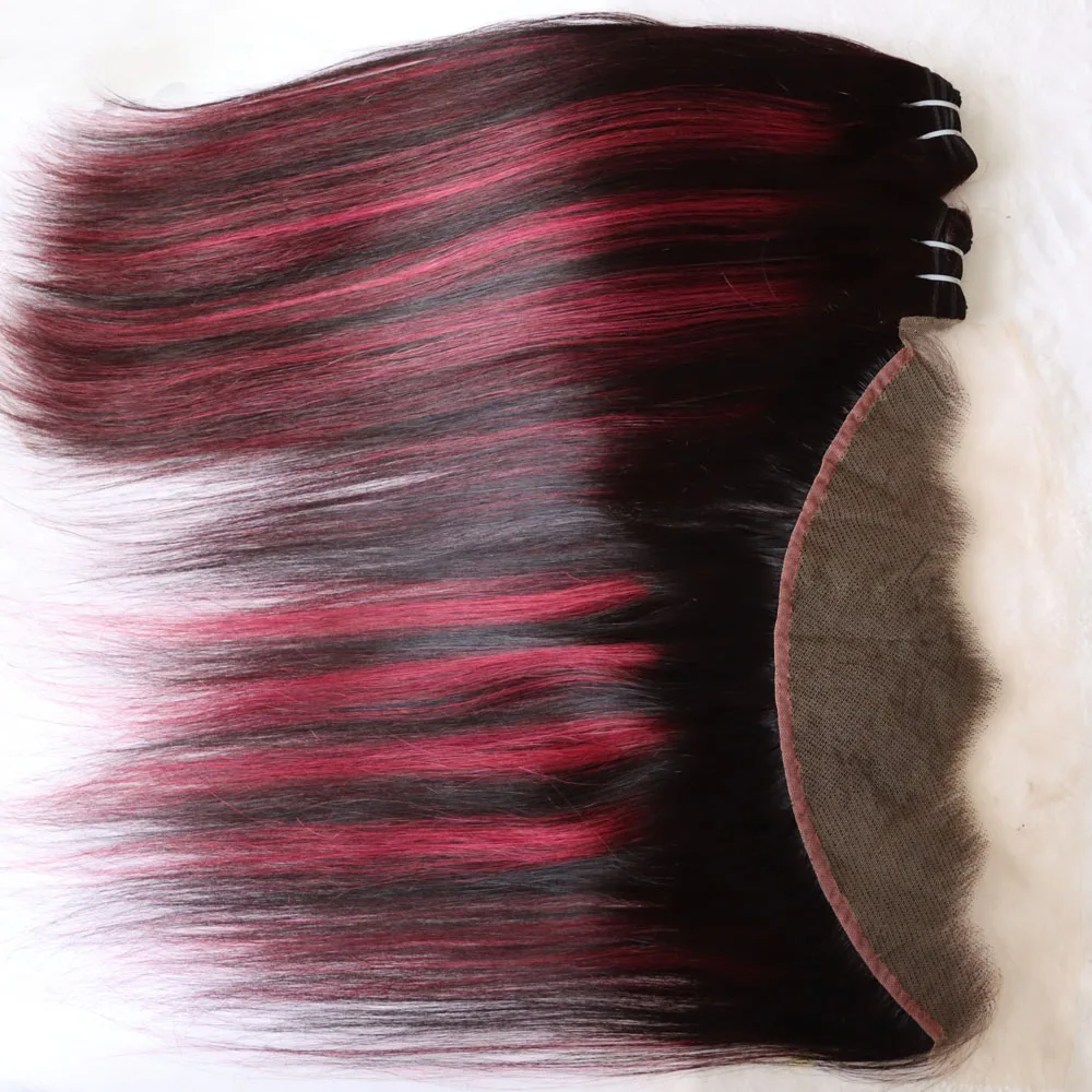 الجملة حزم الشعر البشري مع الدانتيل إغلاق أمامي شفاف 4x4 5x5 13x4 13x6 تسليط الضوء على 1B الأحمر الأرجواني الوردي عذراء الشعر