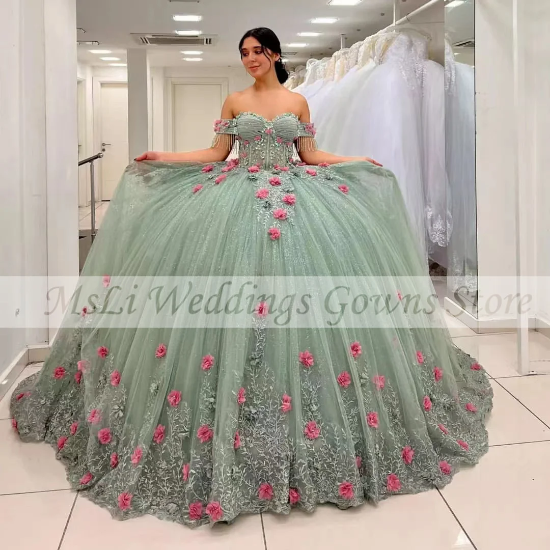 

Luxury Green Sweet Quinceanera Dresses For Mexico Girls 3D Flowers Sweetheart Tassel 15 Birthday Party Prom Dress Robe De Bal