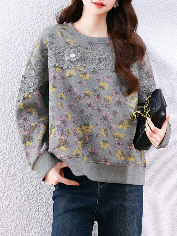 Sudadera con capucha Thiened Fce, informal, holgada, versátil, con empalme de encaje Floral, abrigo de invierno coreano Sle redondo Ne Long Sve
