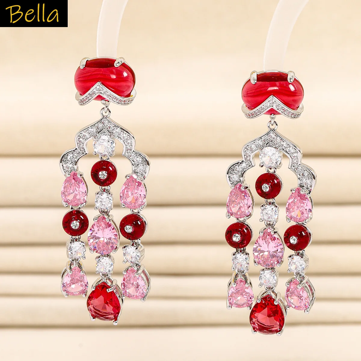

2025 new pink green waterdrop tassel earrings unique design zircon earrings for women evening party jewelry