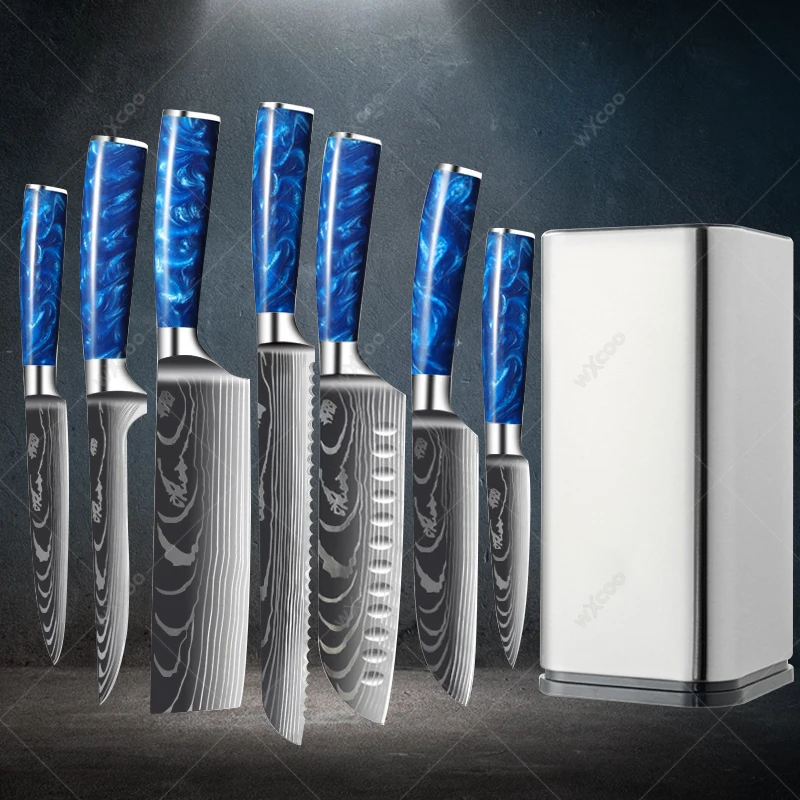 1-8pcs Kitchen Knife Set High Quality Damascus Pattern Blue Resin Handle Boning and Meat Cutting Knives Optional Knife Block